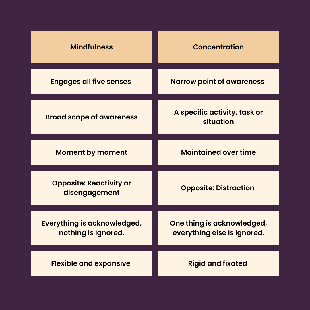 A table with two columns, listing the differences between mindfulness and concentration
